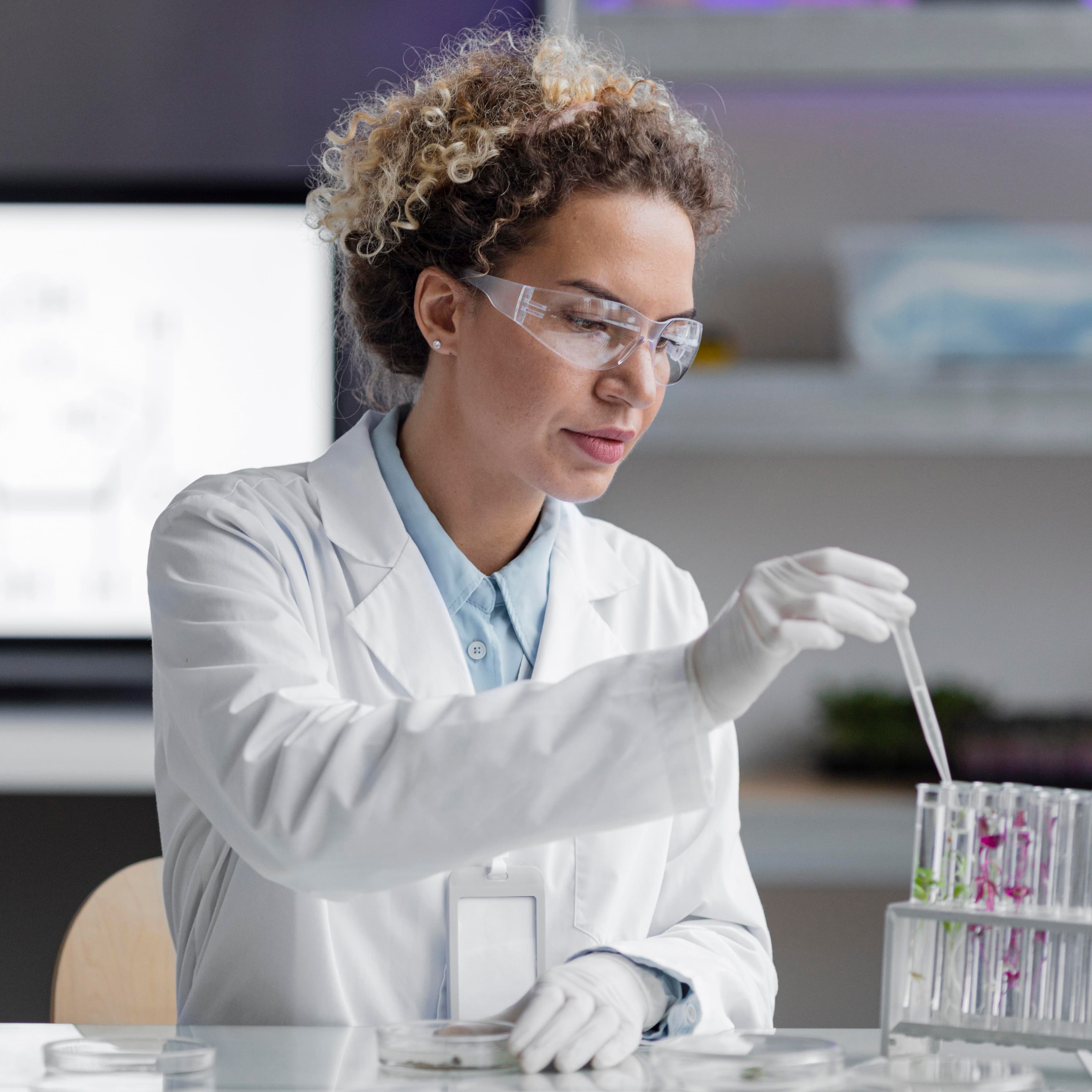 Female researcher in safety glasses working with test tubes